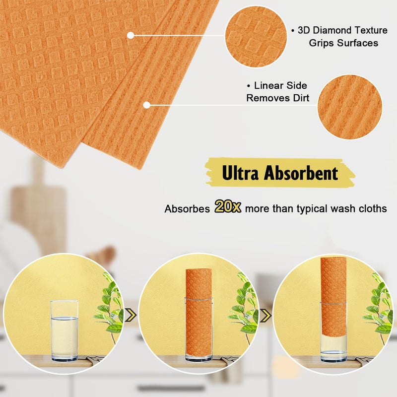MoLKENE Swedish Dishcloths for Kitchen | 6 Pack Absorbent Cellulose Sponge Cloths Washable | Non-Scratch Reusable Paper Towels Quick Drying Cleaning Cloths - Orange - Image 2
